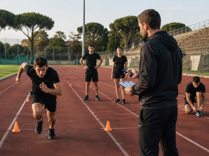 Pista di atletica con scarpe da corsa, cronometro e materiali di allenamento per prove fisiche militari