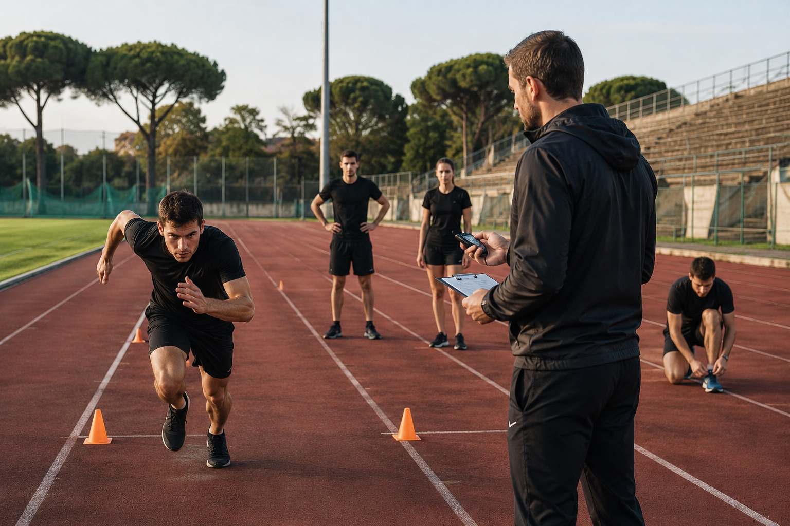 Pista di atletica con scarpe da corsa, cronometro e materiali di allenamento per prove fisiche militari