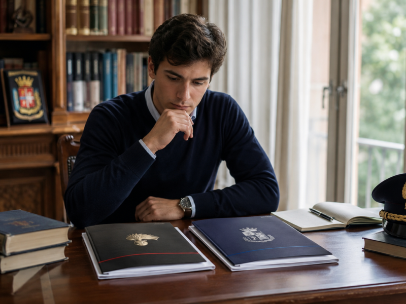 Scrivania elegante con dossier, libri e materiali di studio per confrontare diversi concorsi pubblici