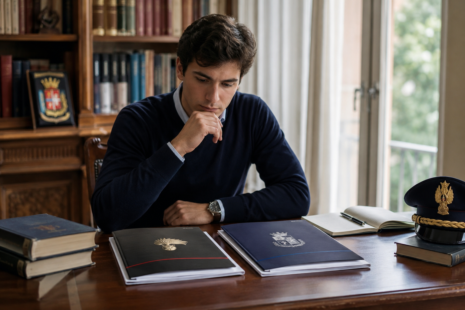 Scrivania elegante con dossier, libri e materiali di studio per confrontare diversi concorsi pubblici
