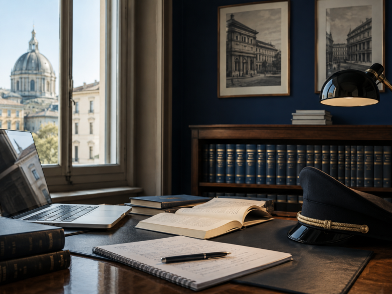 Scrivania istituzionale con cappello blu, libri giuridici e materiali di studio per il concorso Polizia di Stato