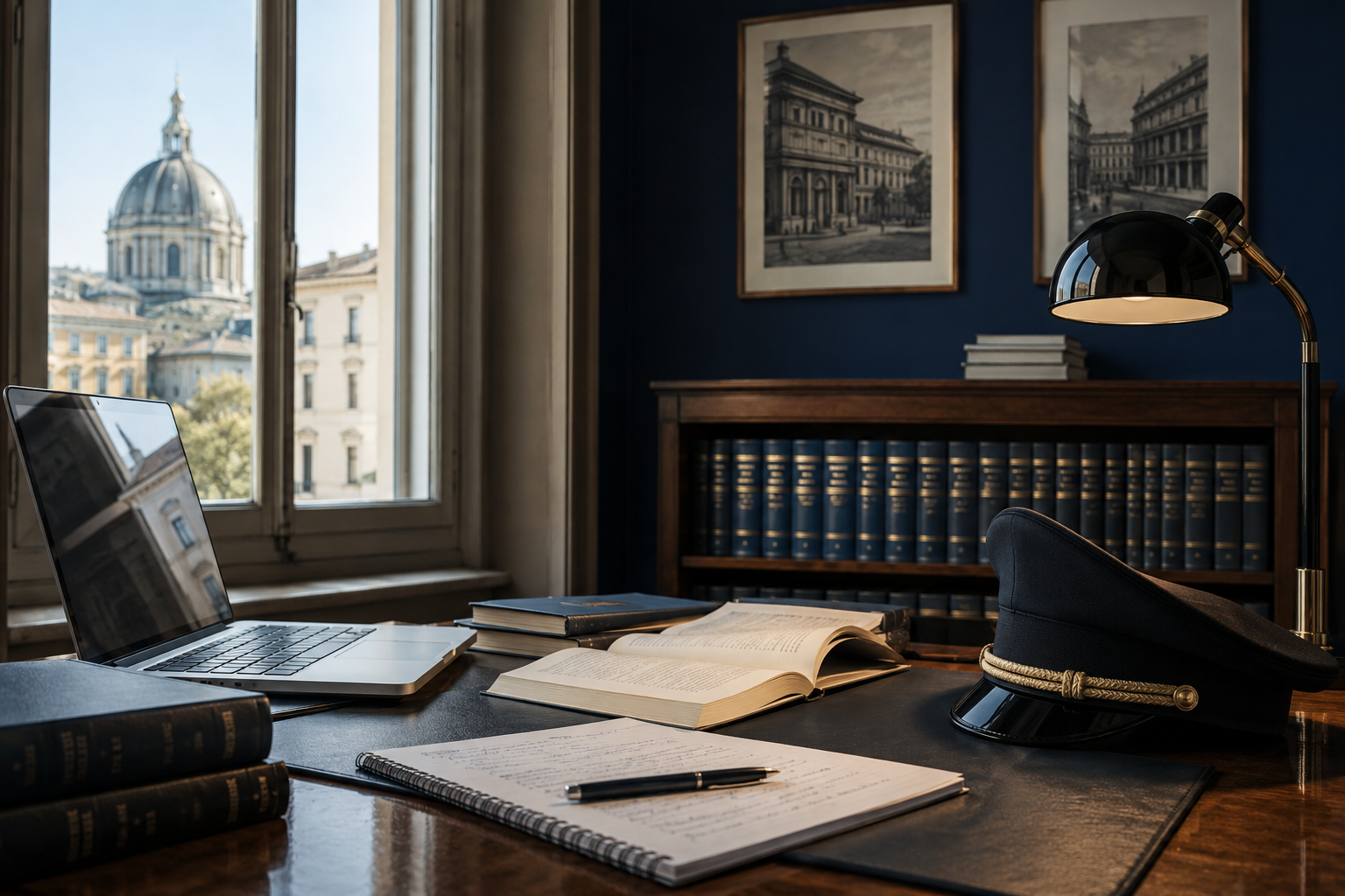 Scrivania istituzionale con cappello blu, libri giuridici e materiali di studio per il concorso Polizia di Stato