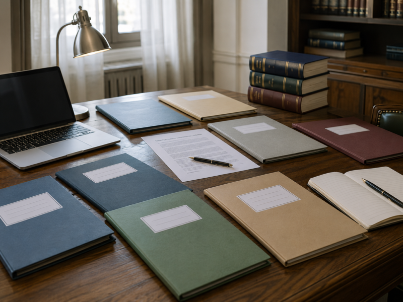 Scrivania con dossier colorati, laptop e documenti organizzati per consultare i bandi di concorso