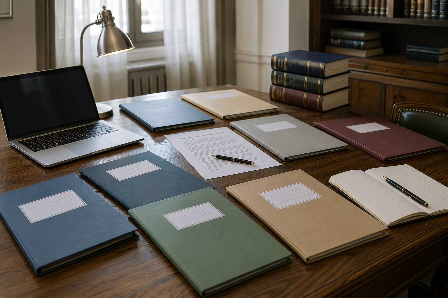 Scrivania con dossier colorati, laptop e documenti organizzati per consultare i bandi di concorso