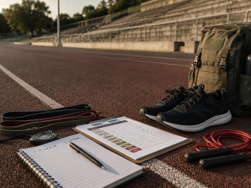 Pista di atletica con attrezzatura sportiva, tabella di allenamento e materiali per la preparazione fisica femminile nei concorsi in divisa