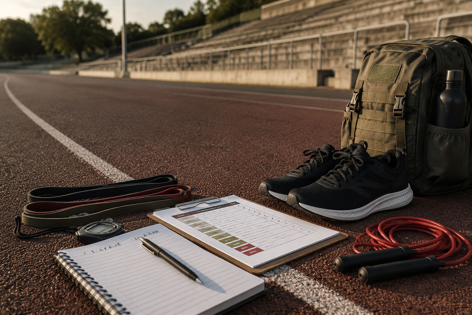 Pista di atletica con attrezzatura sportiva, tabella di allenamento e materiali per la preparazione fisica femminile nei concorsi in divisa