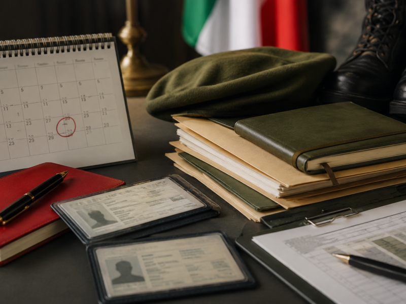 Documenti militari, calendario, cartelle verdi e materiali amministrativi per spiegare limiti di età e riserve nei concorsi VFP1