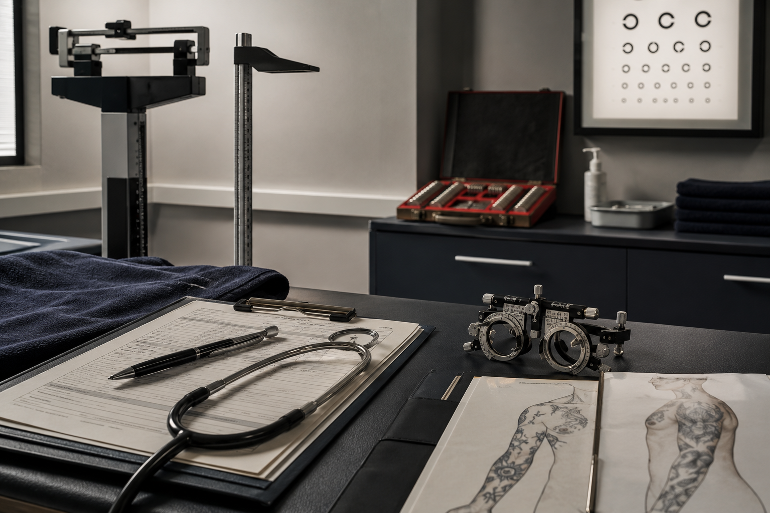 Ambulatorio medico con strumenti diagnostici, schede di valutazione, tavola optometrica e documenti per l’idoneità nei concorsi militari