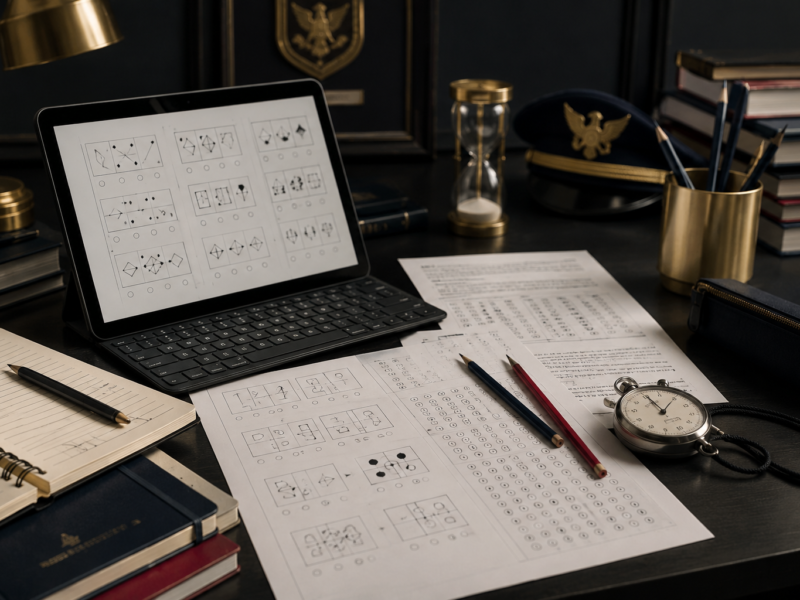 Scrivania con tablet, test di logica, fogli risposta, cronometro e materiali di studio per la prova preselettiva dei concorsi in divisa