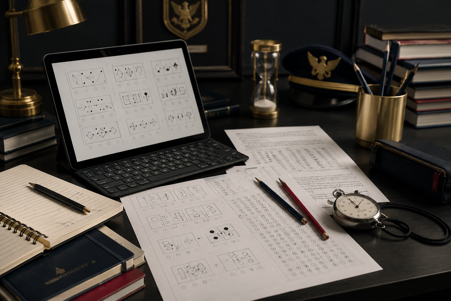 Scrivania con tablet, test di logica, fogli risposta, cronometro e materiali di studio per la prova preselettiva dei concorsi in divisa